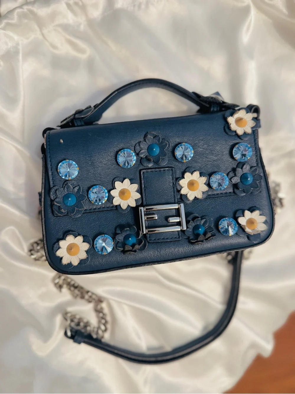 Blue Floral Embellished Leather Crossbody Bag - Unbranded